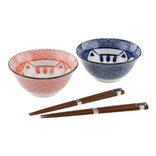 日本制 美浓烧白瓷 红蓝猫纹饰 多用碗 一对 φ15cm*H7cm 附赠 木筷2双