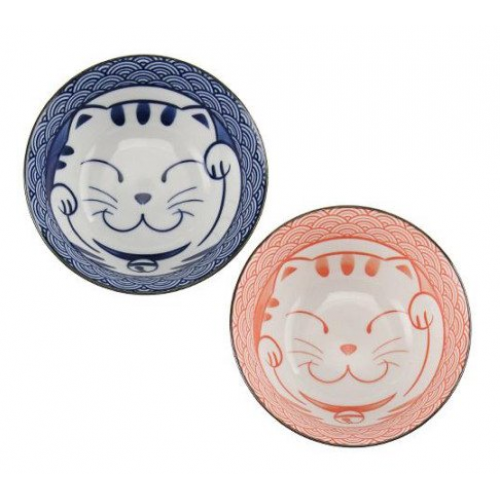 日本制 美浓烧白瓷 红蓝猫纹饰 多用碗 一对 φ15cm*H7cm 附赠 木筷2双