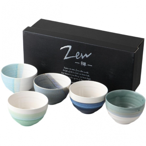 Zen禅 日本制 美浓烧陶制茶杯套装 水色 φ10.5cm*H7cm 五件套 礼盒装