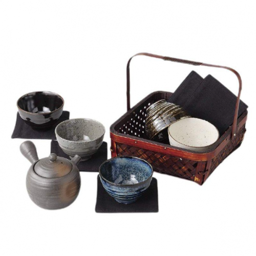 日本制 美浓烧瓷器茶壶+茶杯套组(不含竹篮）含茶壶*1(230cc), 茶杯*5 (φ9cm*H5.5cm), 杯垫*5 礼盒装